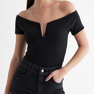 Express Body High Compression V-Wire Off The Shoulder Bodysuit Black Size M NWOT